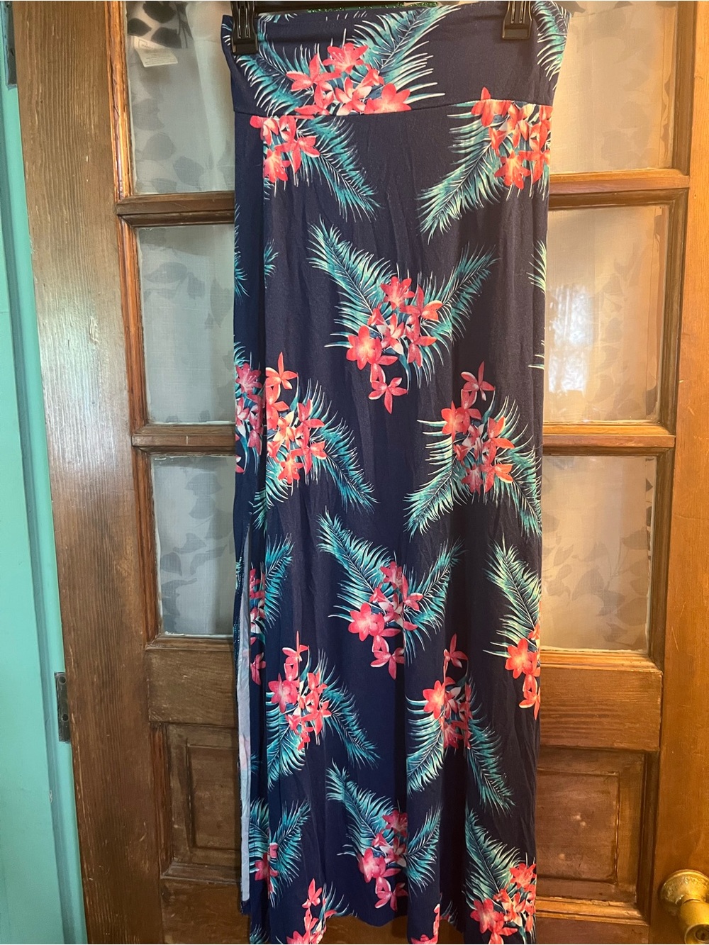 Charlotte Russe Navy Maxi Skirt with Pink Floral and Teal Palm Print
